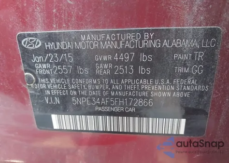 2015 Hyundai Sonata Sport z USA, uszkodzony, nr VIN 5NPE34AF5FH172866